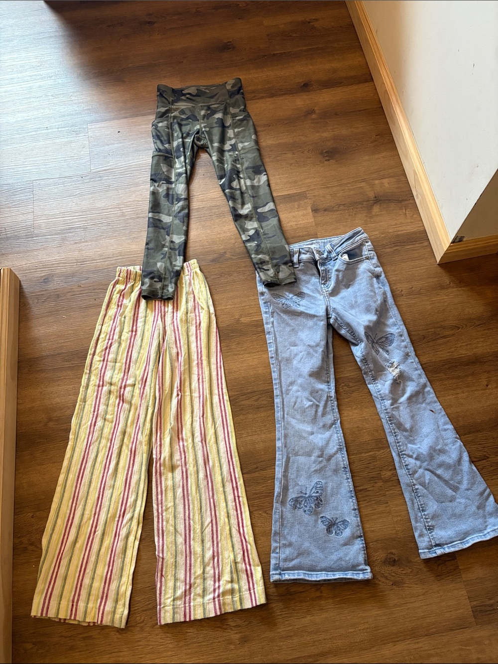 Camo Print Kids Leggings - Olive Green butterfly jeans and striped pants